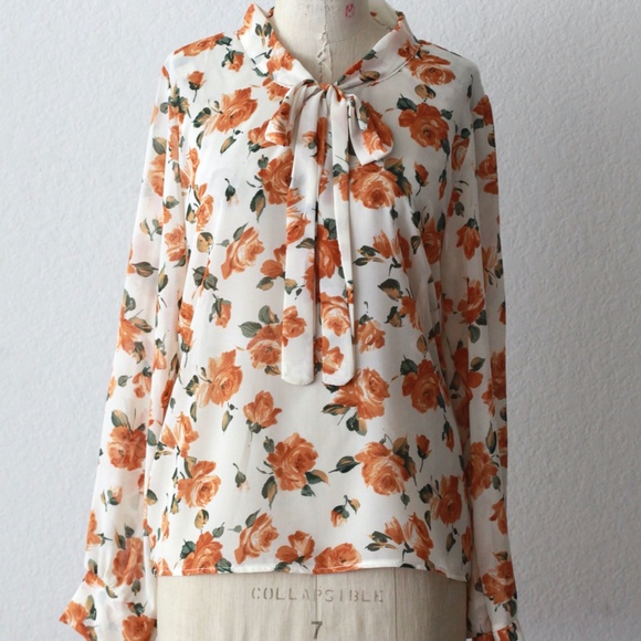 New Arrival Women Rose Floral Print Chiffon Blouse Long Sleeve